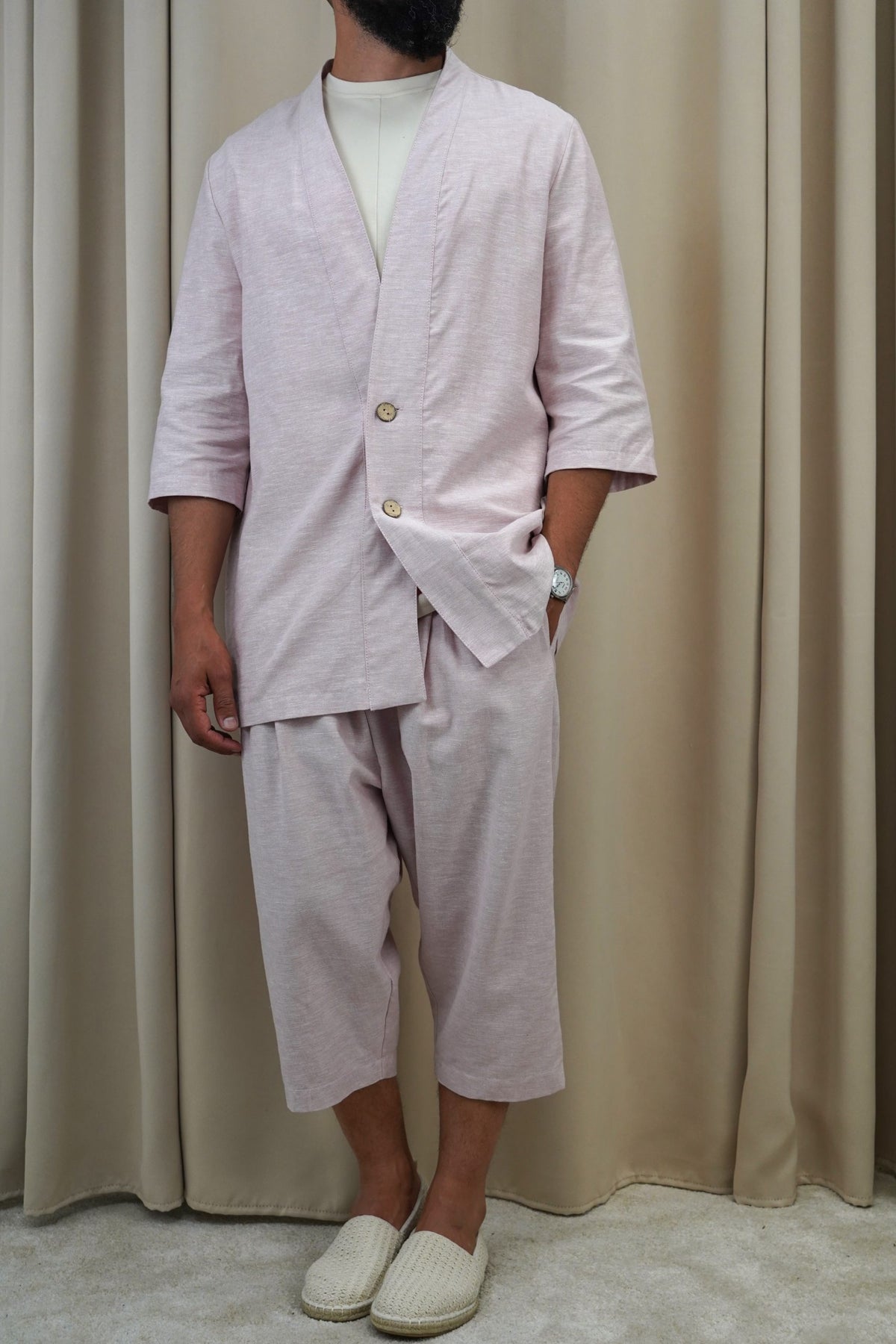 Ensemble homme Hanten litchi chiné en lin et coton, tenue d'été pudique