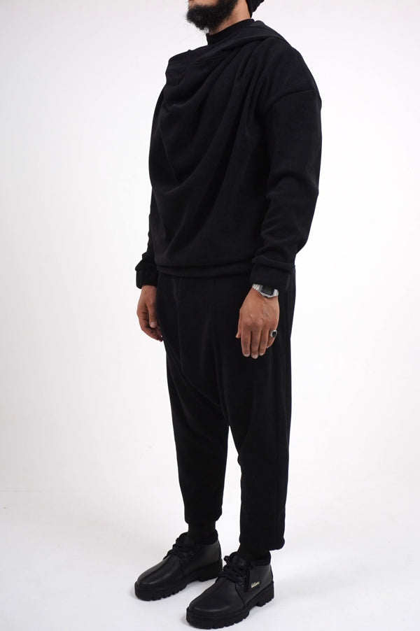 Ensemble homme Boho noir en velours côtelé : pull à col drapé et sarouel