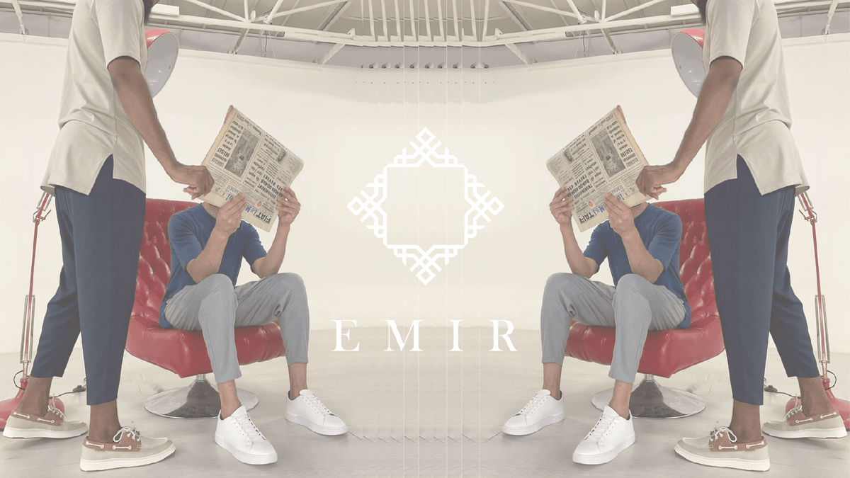 Hommes en tenues EMIR lisant le journal, infographies mode homme