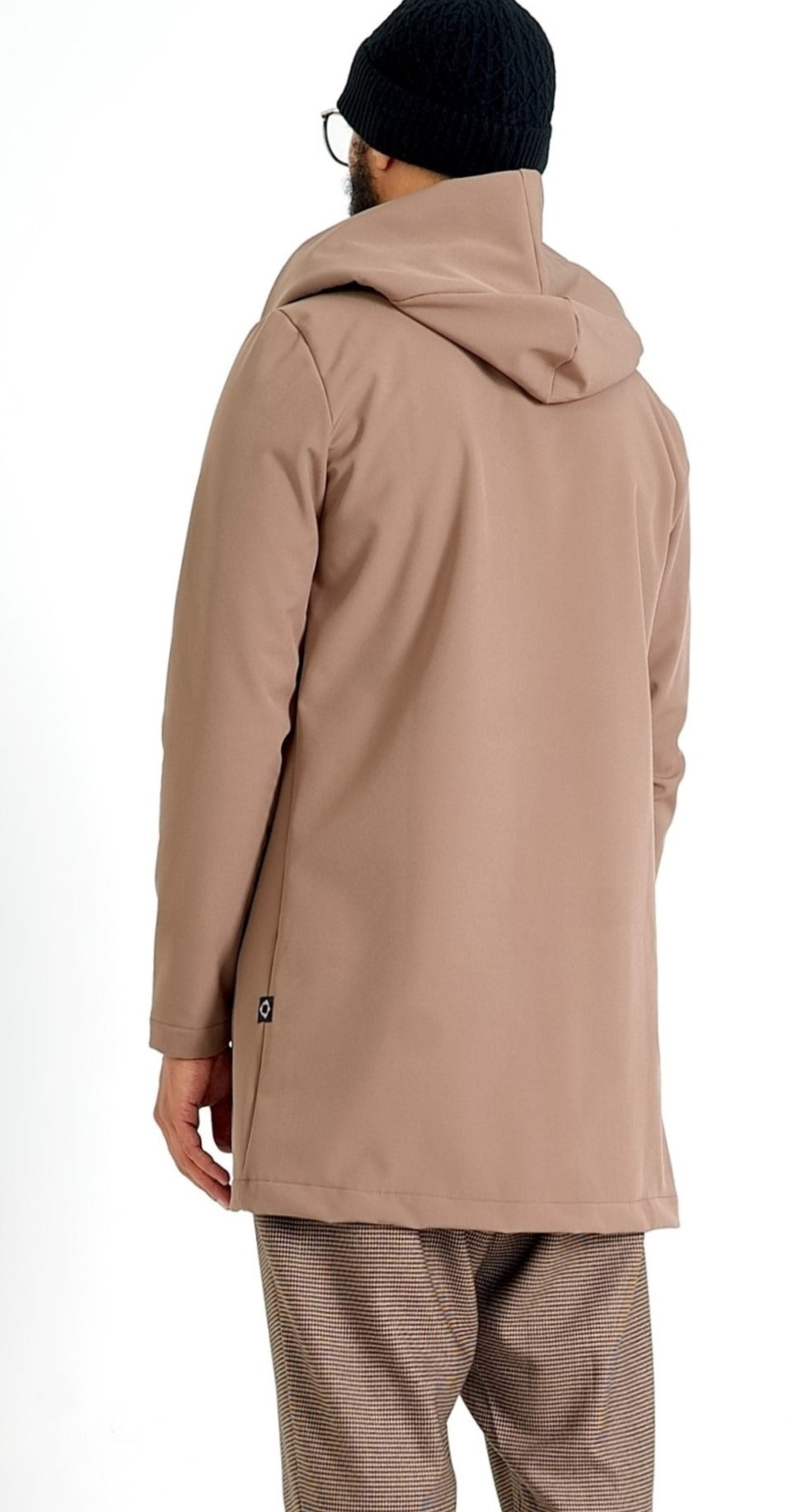 Cardigan long camel vu de dos, cardigan homme à capuche