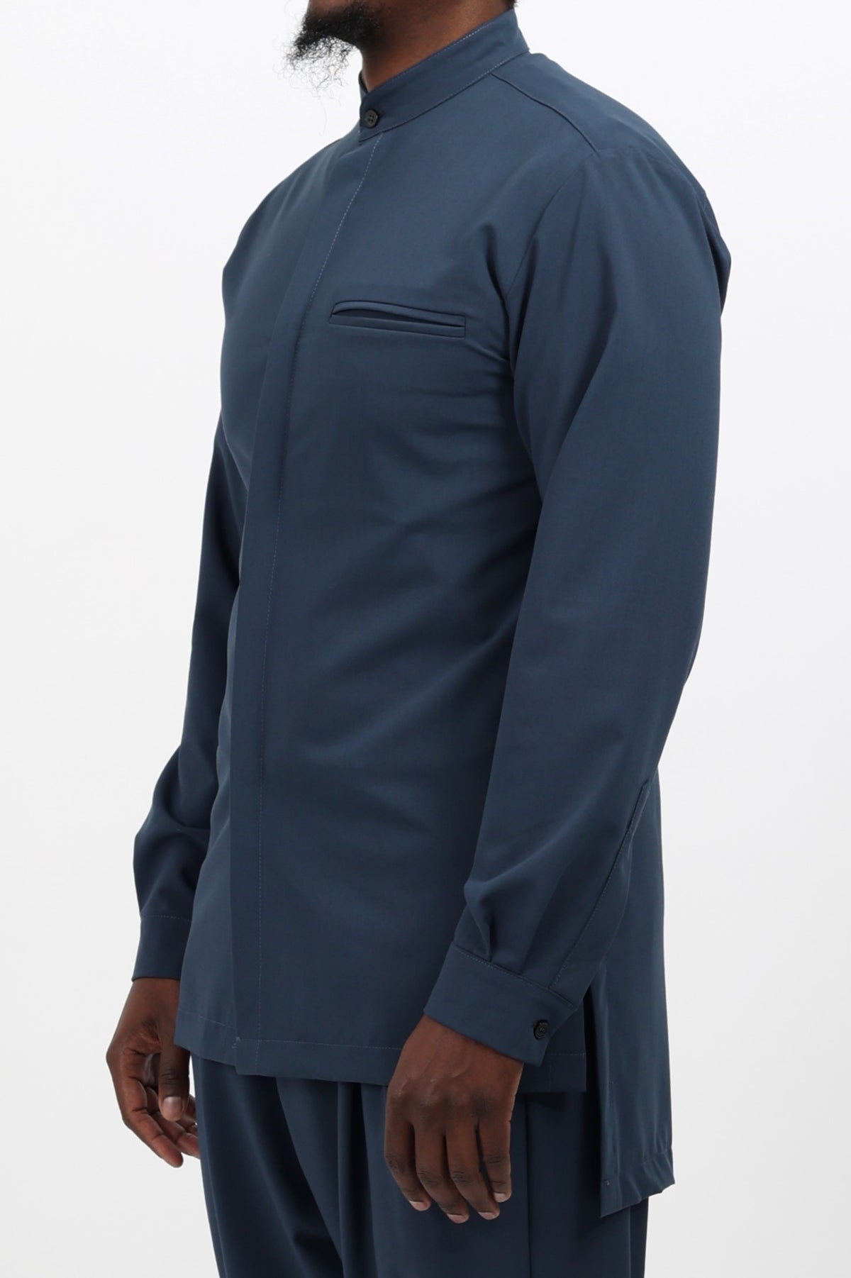 Surchemise longue homme NewFit mi-saison bleu pétrole à col mao