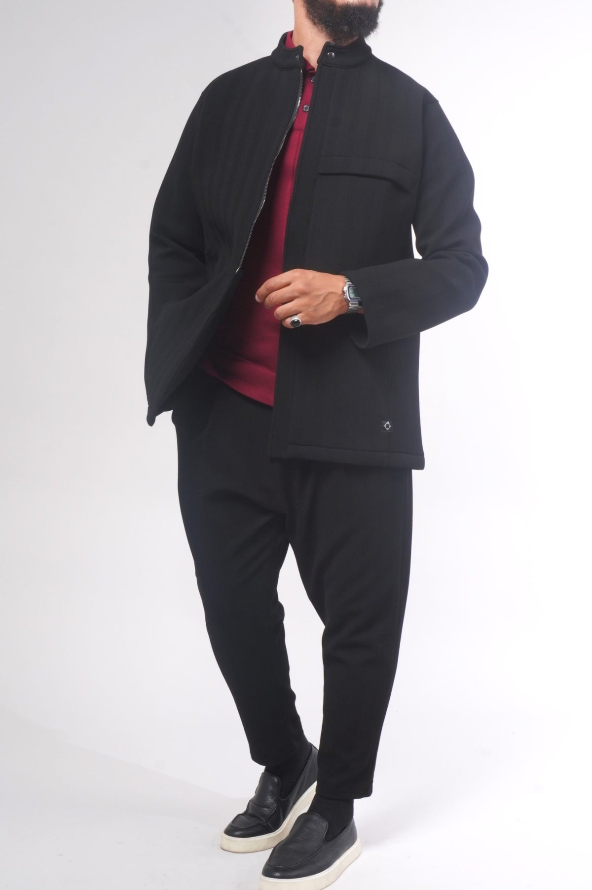 Costume homme musulman Dunes hiver noir, veste demi-zip ouverte