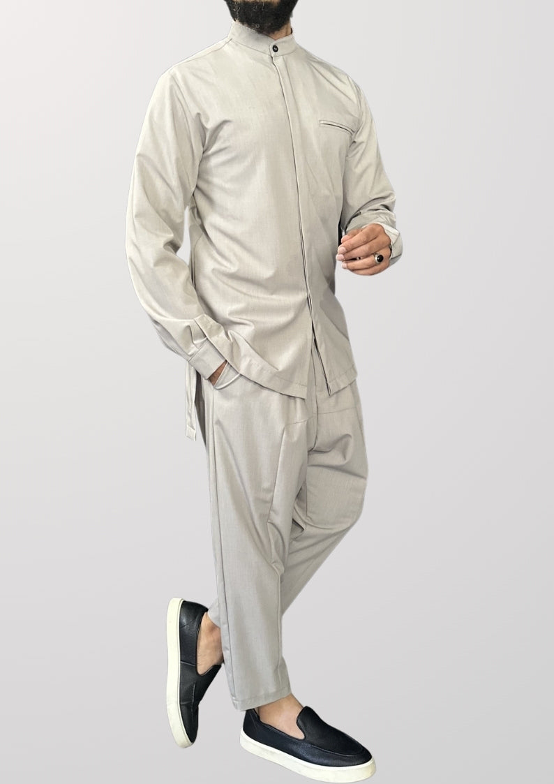 Ensemble NewFit mi-saison gris clair chiné de profil
