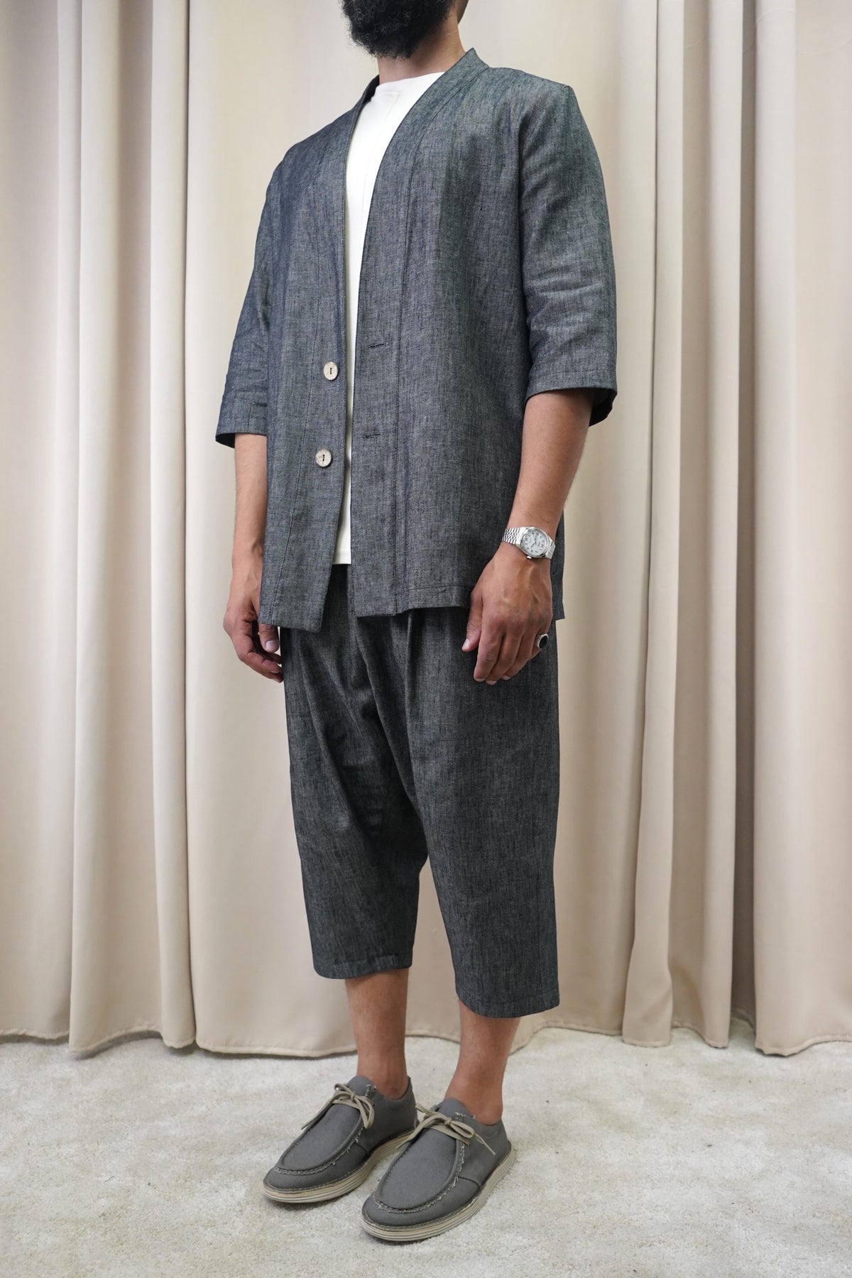 Ensemble kimono homme Hanten noir chiné : veste kimono et pantacourt