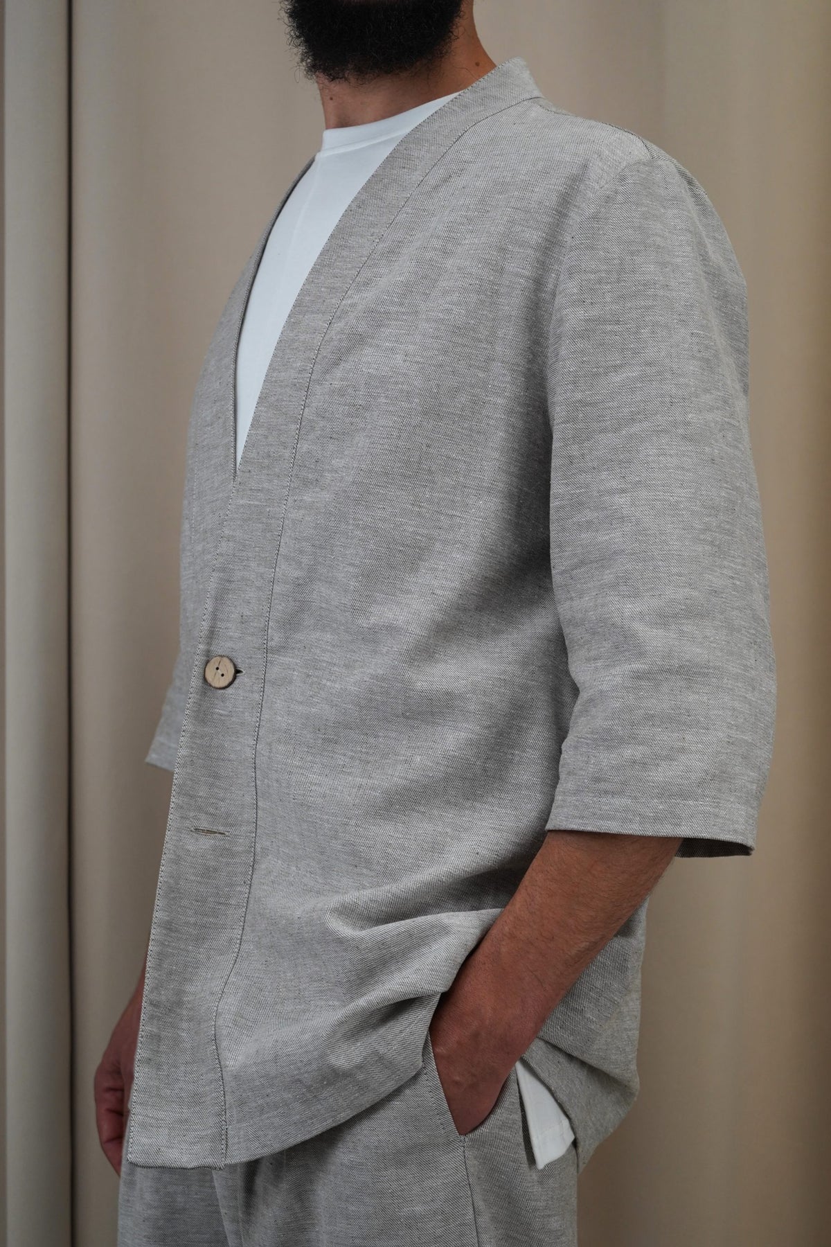 Veste kimono homme Hanten gris chiné en lin et coton, manches 3/4