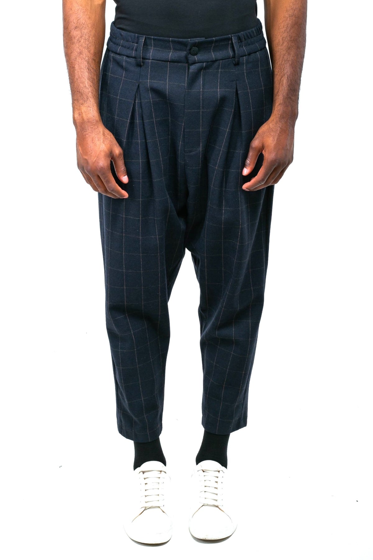 Pantalon large à pinces homme Noragi bleu nuit à carreaux, de face