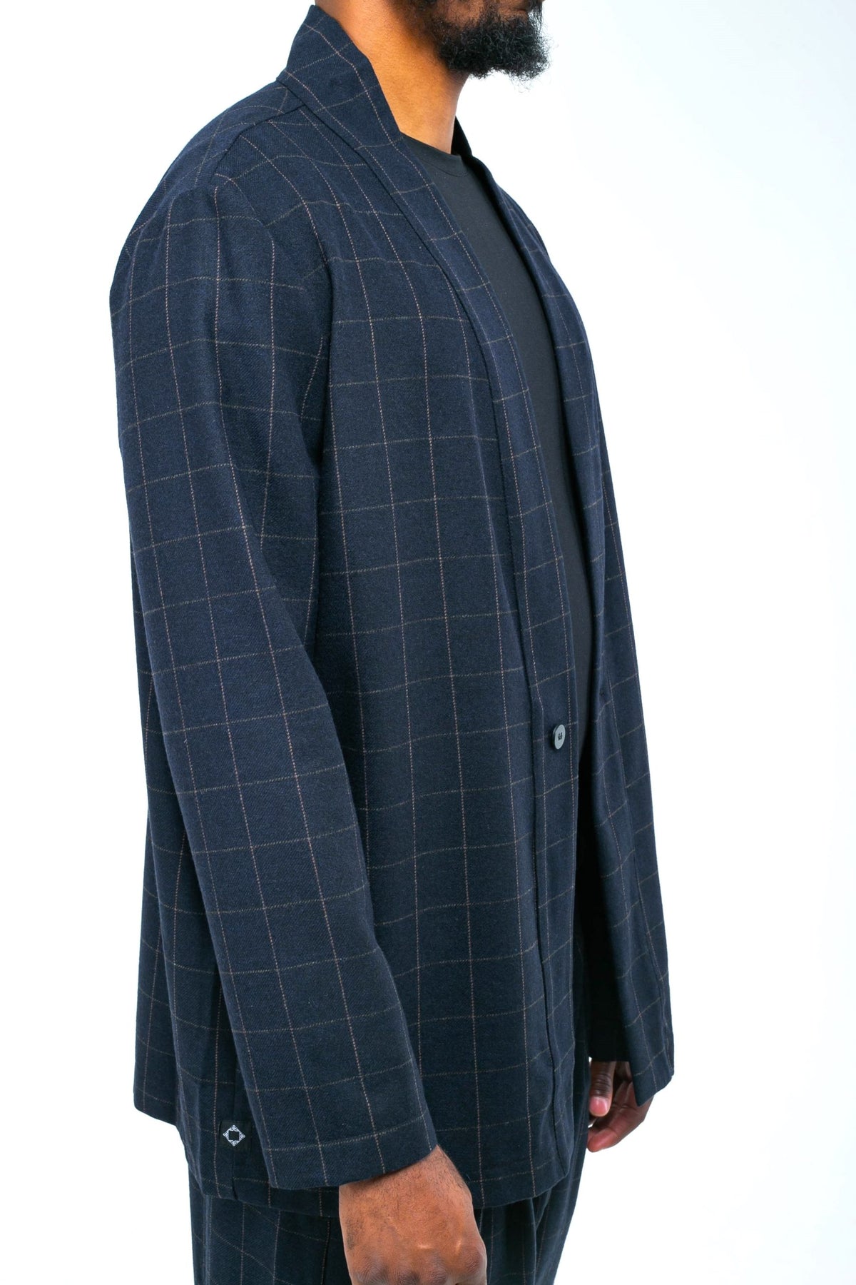 Veste kimono homme Noragi bleu nuit à carreaux fenêtre, col châle