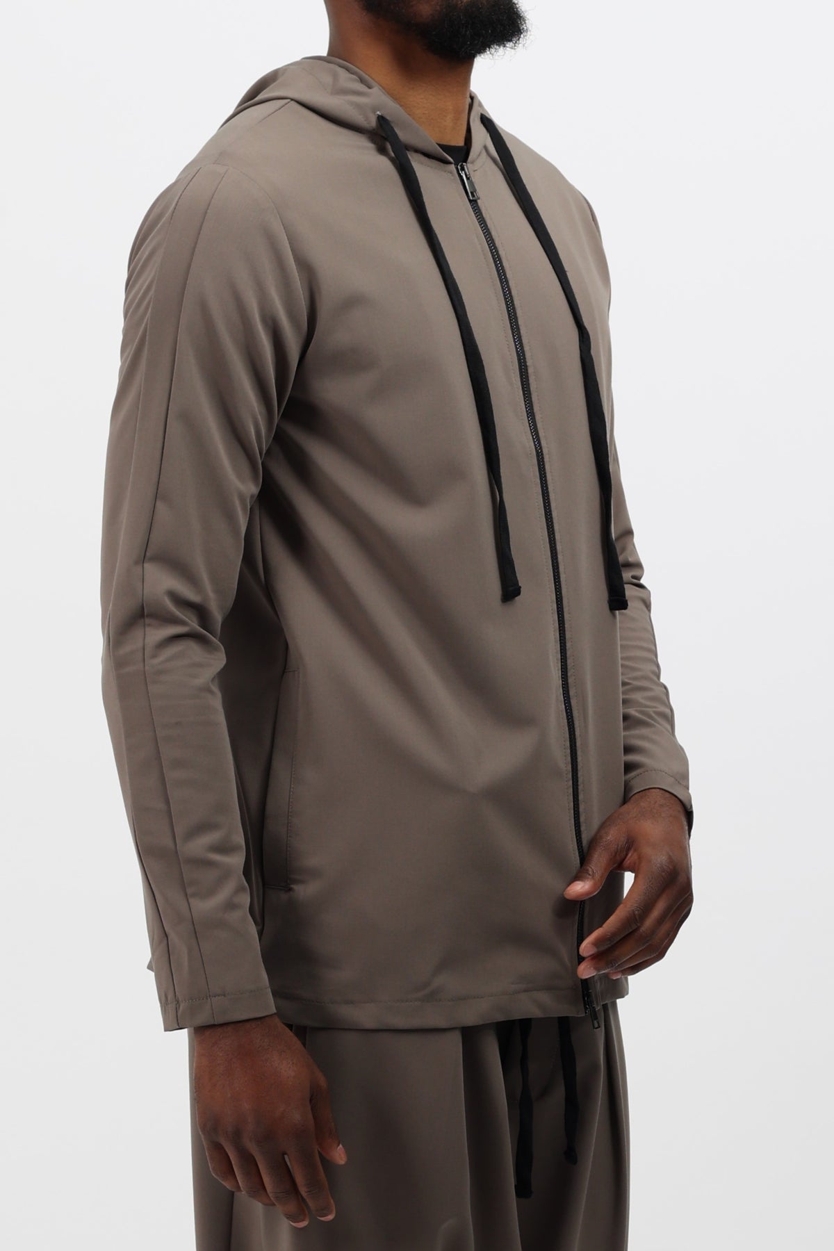 Veste sport chic moka de trois quarts, zip double sens